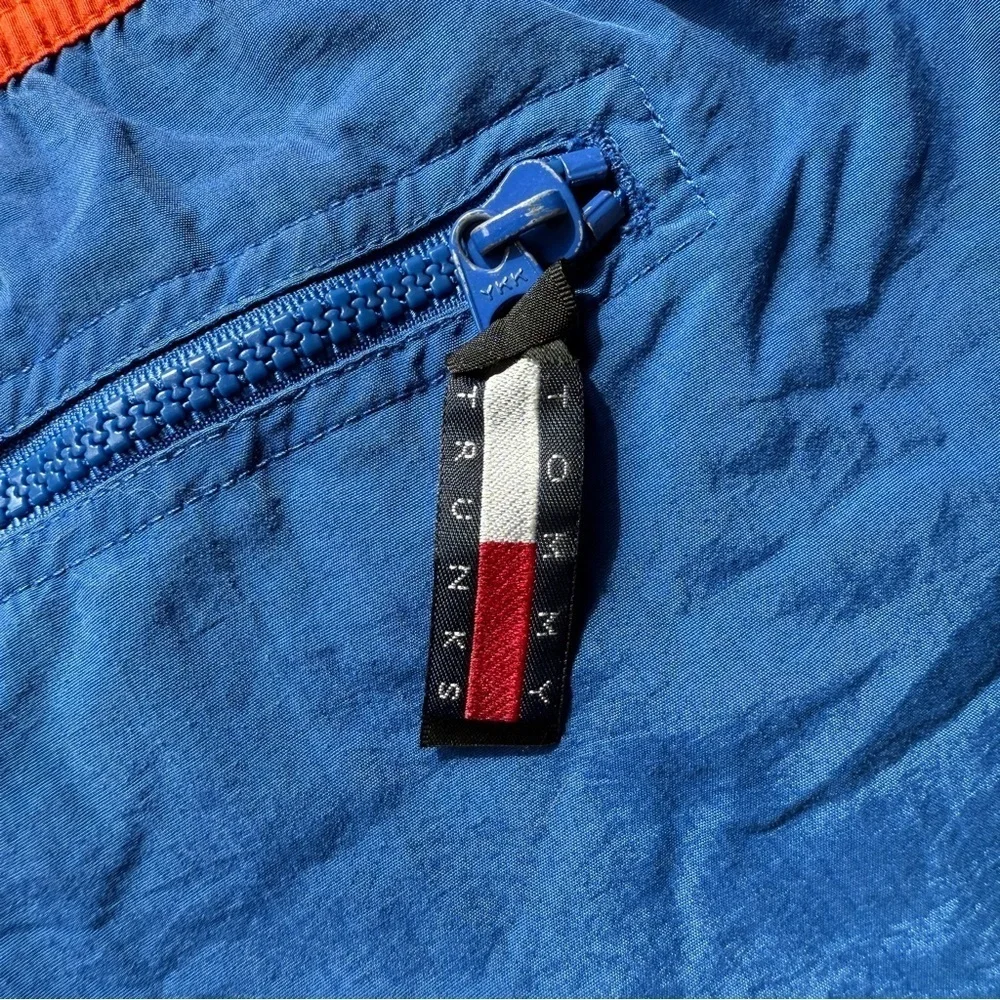 VINTAGE! 90’s Tommy Hilfiger 5” Men's Swim Trunks Blue & Orange Spell Out Logo